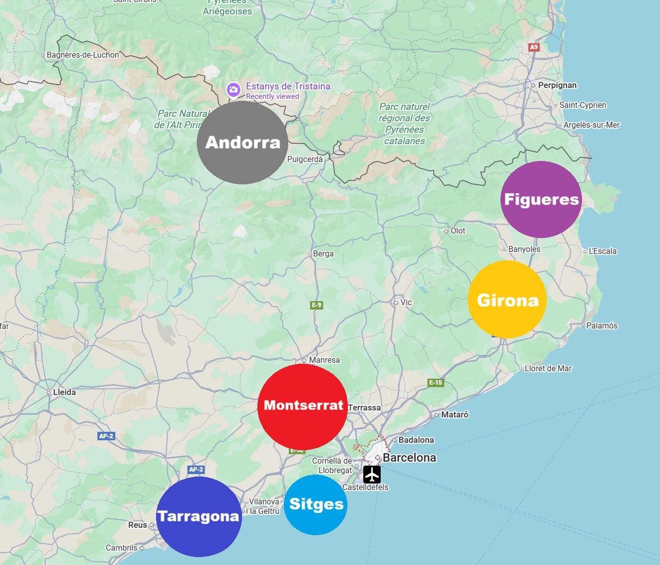 Barcelona-Popular-Day-Trip-Map